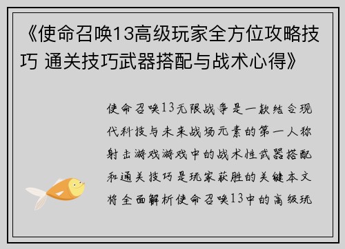 《使命召唤13高级玩家全方位攻略技巧 通关技巧武器搭配与战术心得》
