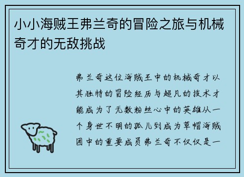 小小海贼王弗兰奇的冒险之旅与机械奇才的无敌挑战