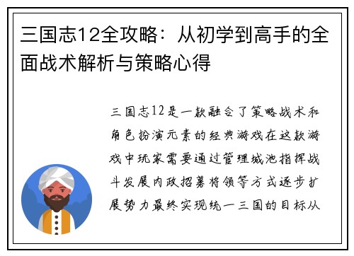 三国志12全攻略：从初学到高手的全面战术解析与策略心得